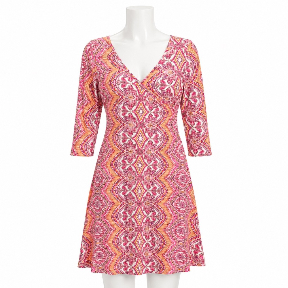 PrAna Faux Wrap Dress S Moroccan Medallion Jersey Travel Resort Vacation Boho